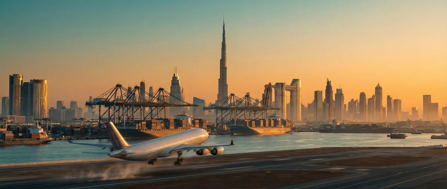 Panorama logistică Dubai: transport aerian și maritim cu Burj Khalifa în fundal la apus, simbolizând comerțul global