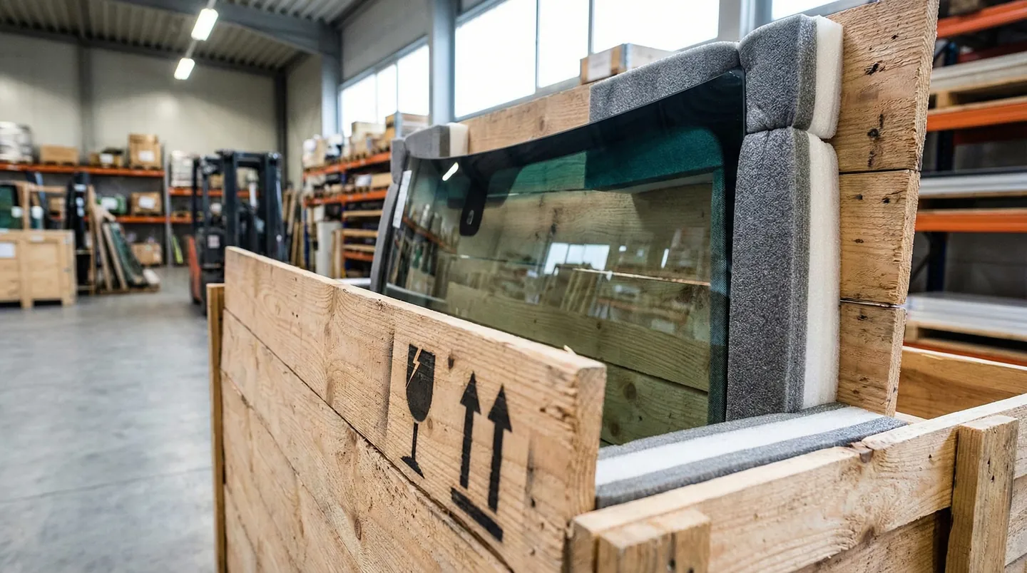 Parbriz auto ambalat în cutie de lemn dedicată pentru protecție maximă la șocuri