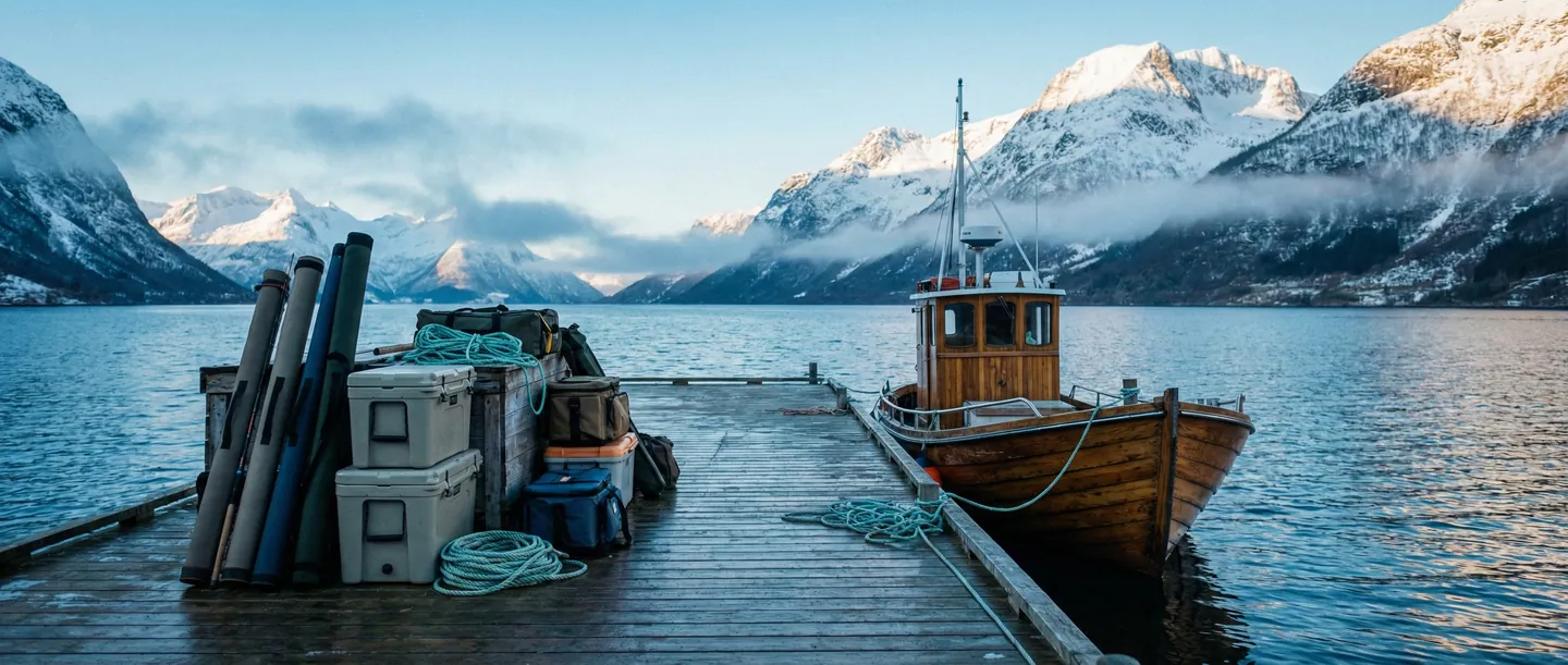 Peisaj din fiordurile Norvegiei cu echipament de pescuit și tuburi de lansete pregătite pentru transport pe ponton