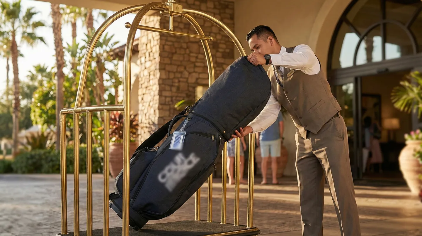 Personalul hotelului primind o geantă de golf livrată prin curier, așezată pe un cărucior de bagaje într-un resort însorit