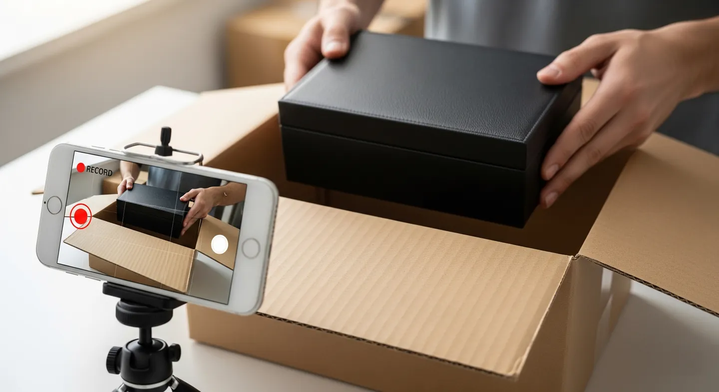 Perspectivă POV a procesului de filmare a ambalării, demonstrând crearea dovezii video pentru asigurare