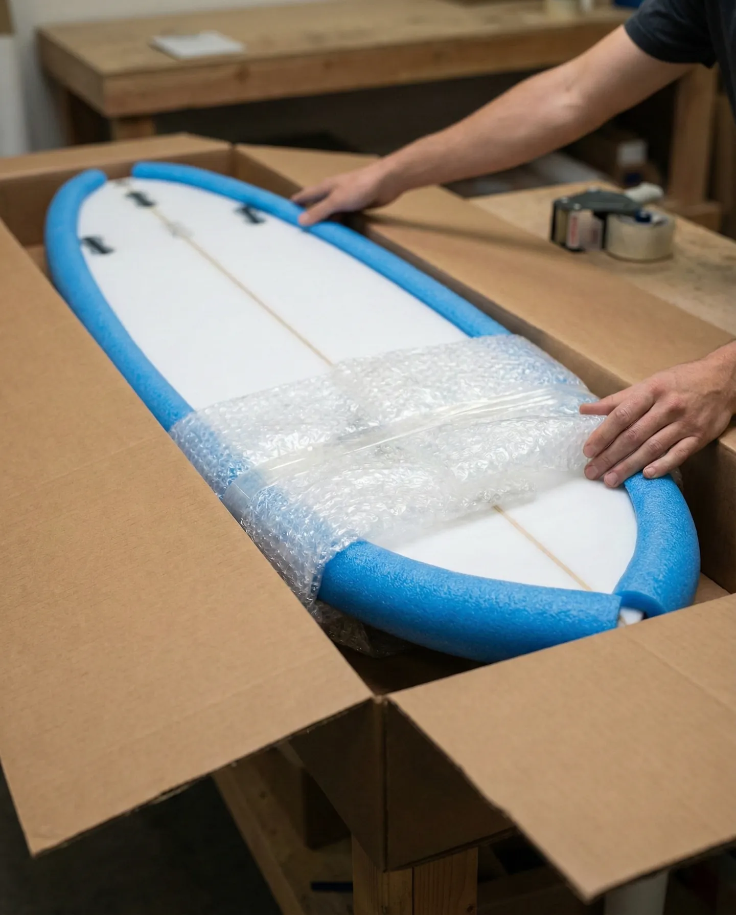 Placă de surf protejată pe margini cu spumă albastră și ambalată în folie cu bule, pregătită pentru a intra într-o cutie rigidă