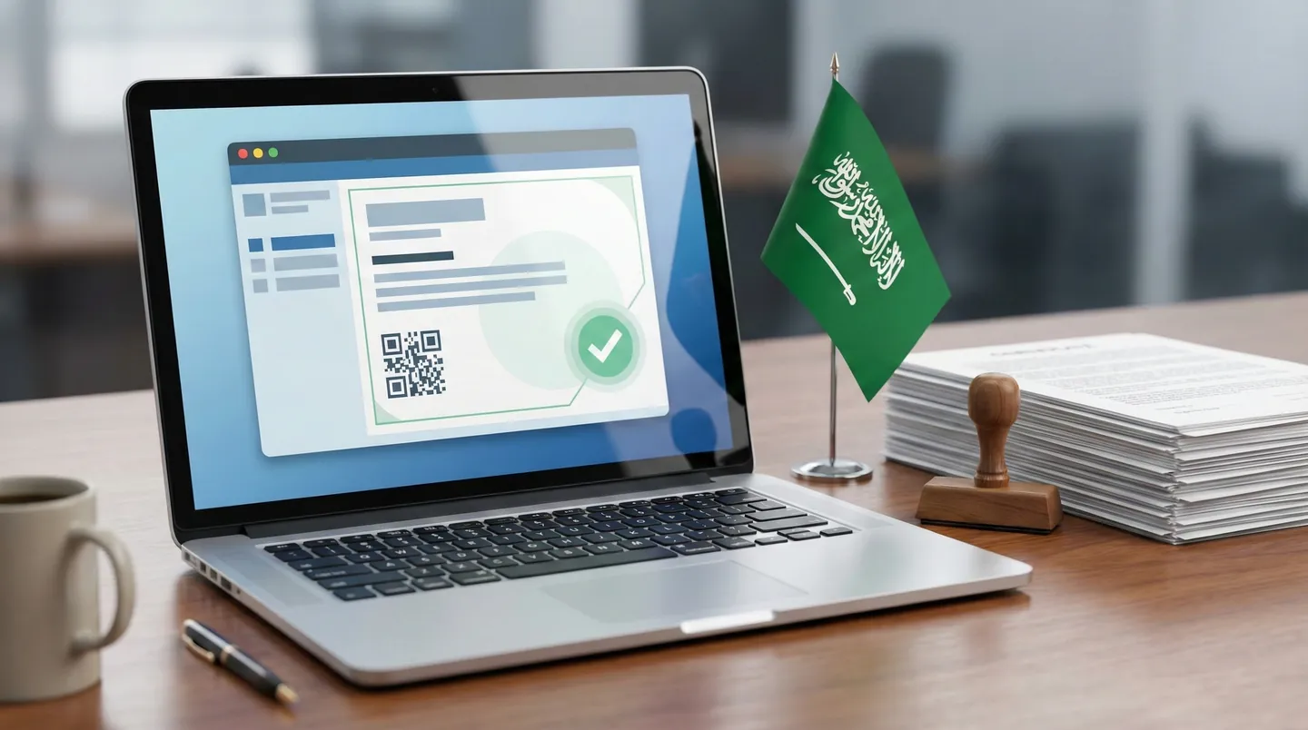 Platforma digitală SABER Arabia Saudită afișată pe un laptop, arătând un certificat de conformitate aprobat