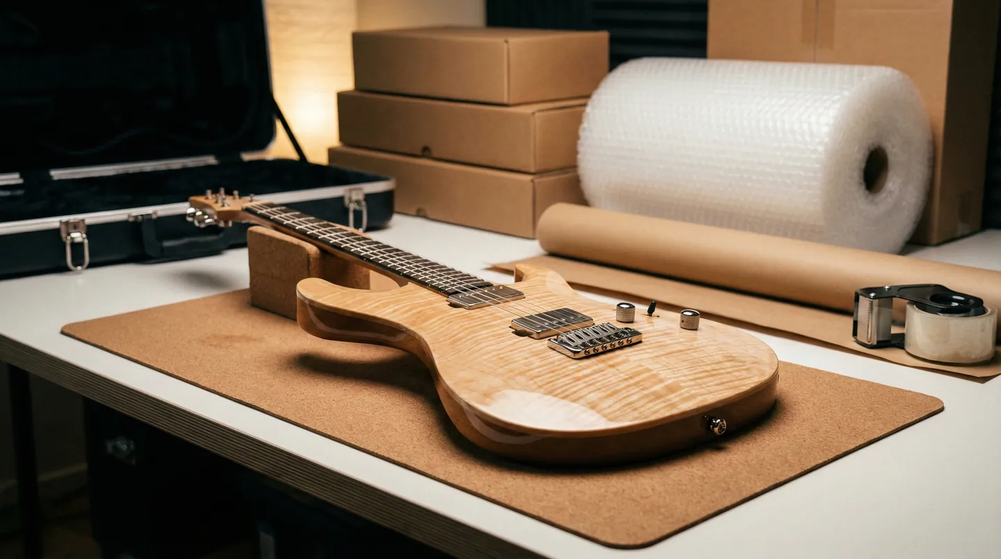 Pregătirea unei chitare de lux pentru expediere internațională cu materiale de protecție profesionale