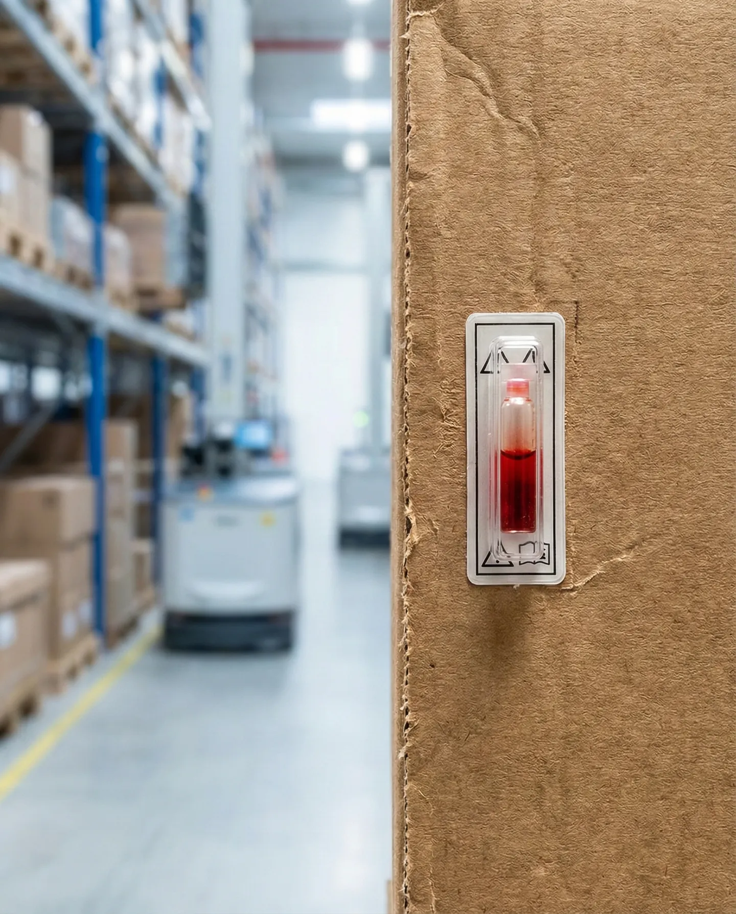 Indicator de Impact ShockWatch Prim-plan cu o etichetă ShockWatch roșie activată pe o cutie de transport server, indicând un șoc mecanic, fundal depozit high-tech