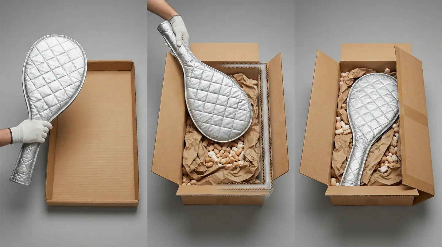 Procesul de ambalare a rachetei de tenis: husa termo introdusă într-o cutie de carton cu protecție anti-șoc
