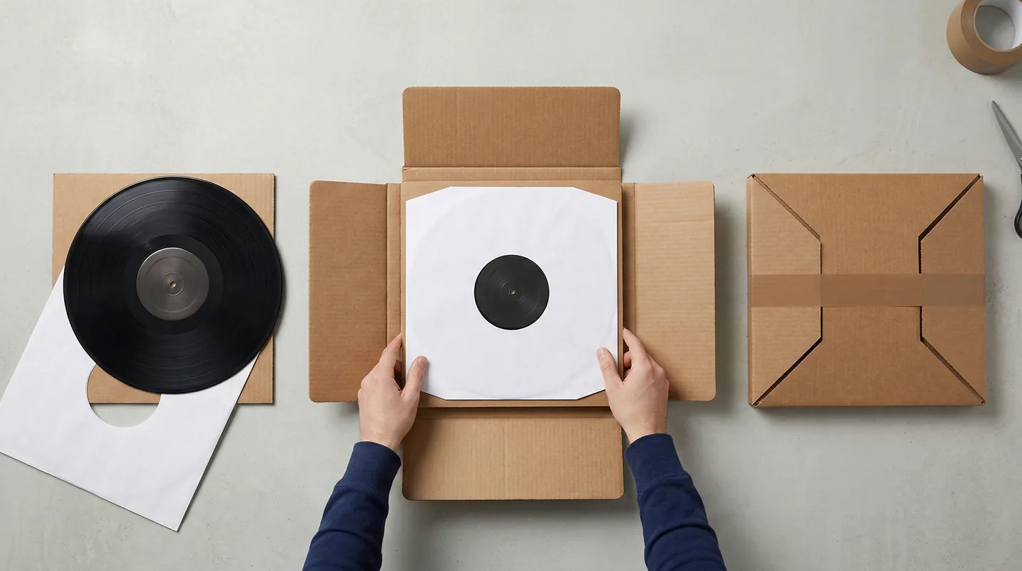 Procesul de ambalare corectă a unui disc de vinil: discul scos din copertă, plasat pe un 'stiffener' de carton, cutie specială 'cruciformă'