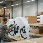 Procesul de ambalare profesională a unei biciclete electrice într-un depozit logistic modern