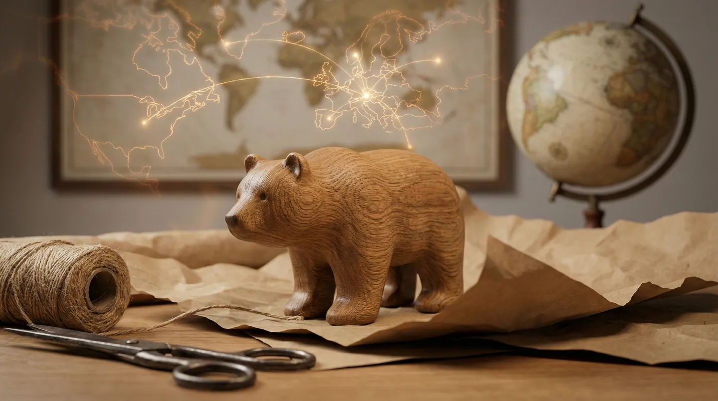 Produs românesc premium pregătit pentru export pe o masă de ambalare, cu o hartă globală în fundal