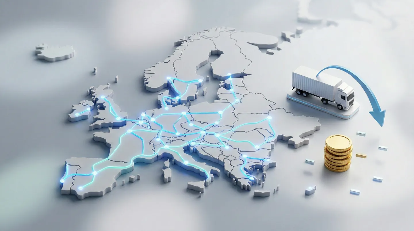 Reprezentare grafică a optimizării costurilor de transport internațional rutier prin Europa.