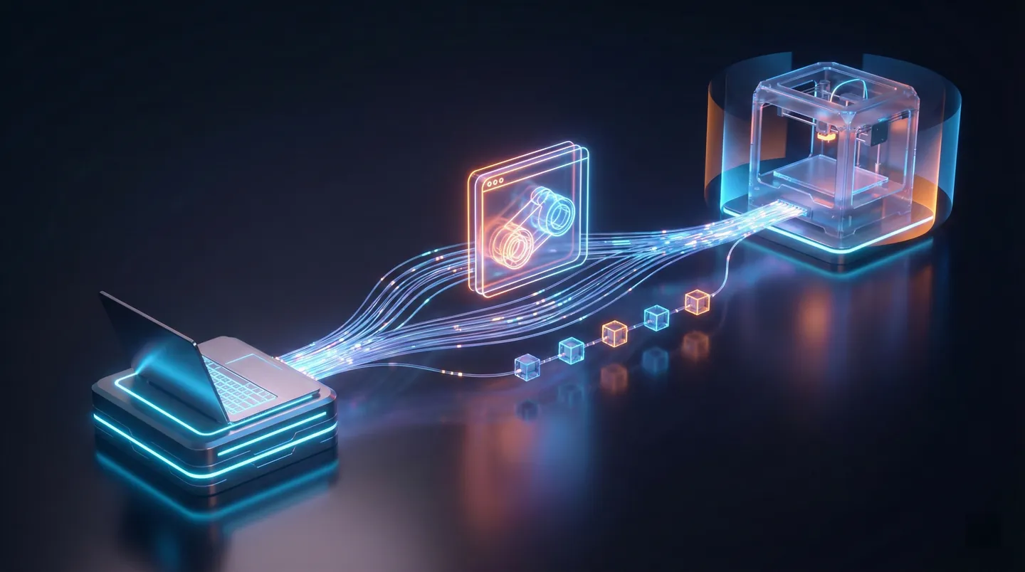 Reprezentare vizuală a transferului securizat de date CAD între un server și o imprimantă 3D prin blockchain