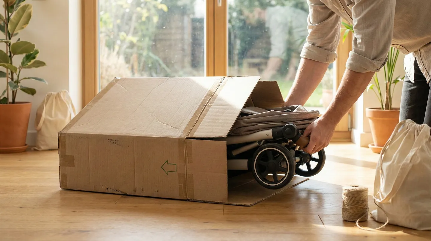 Reutilizarea unei cutii de televizor pentru a expedia un cărucior pliat, soluție economică și ecologică