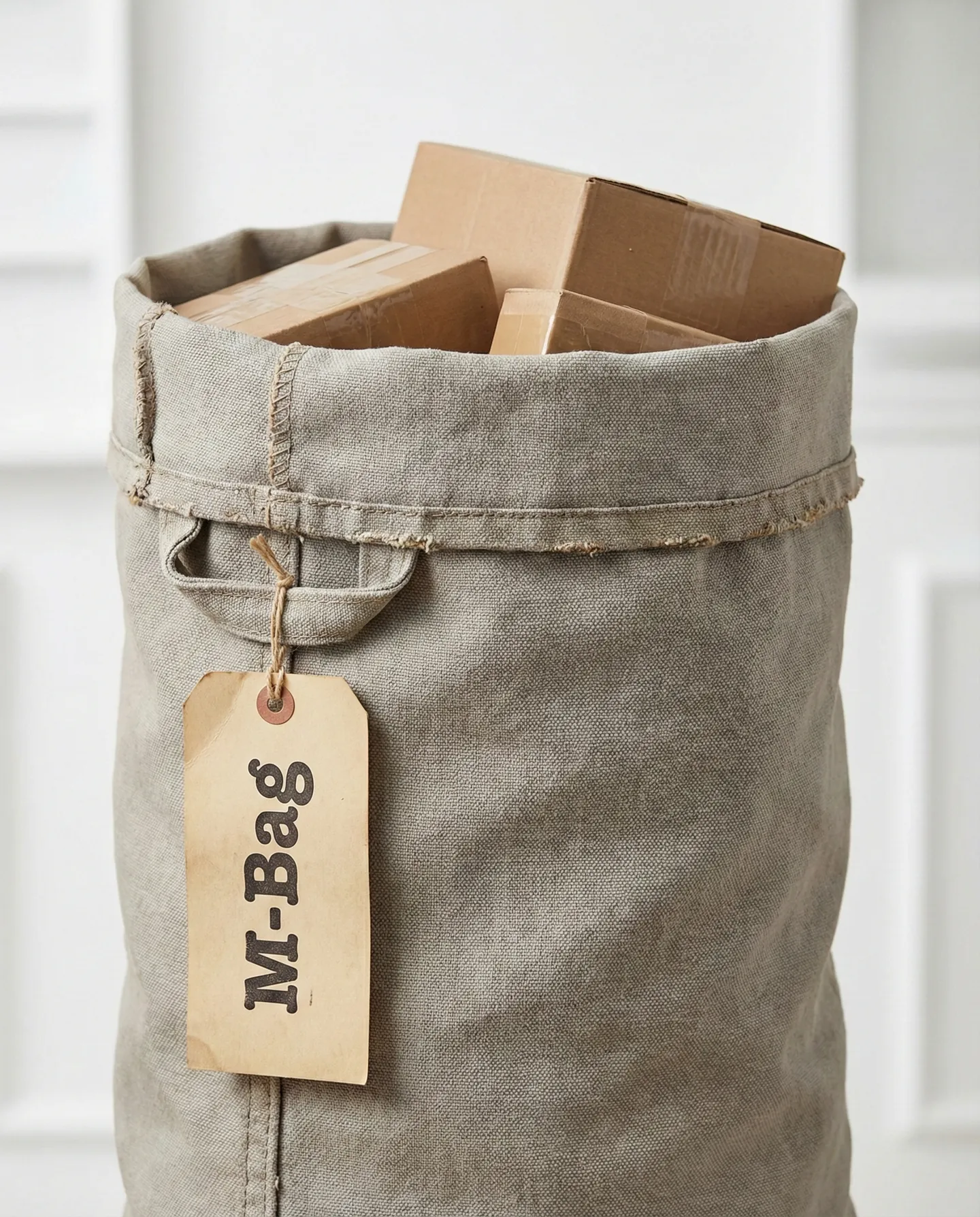 Sac oficial M-Bag de pânză cu etichetă de destinație, arătând cutiile din interior