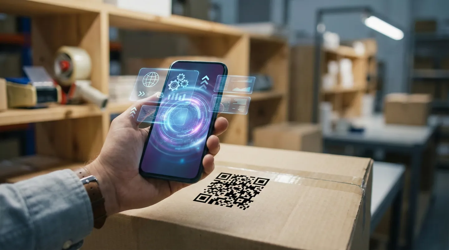 Scanarea unui cod QR de pe colet pentru a accesa Pașaportul Digital al Produsului