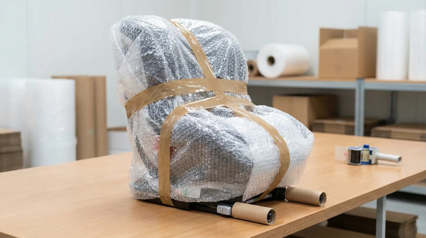 Scaun auto pentru copii protejat cu folie cu bule și carton pentru a preveni deteriorarea structurii de siguranță