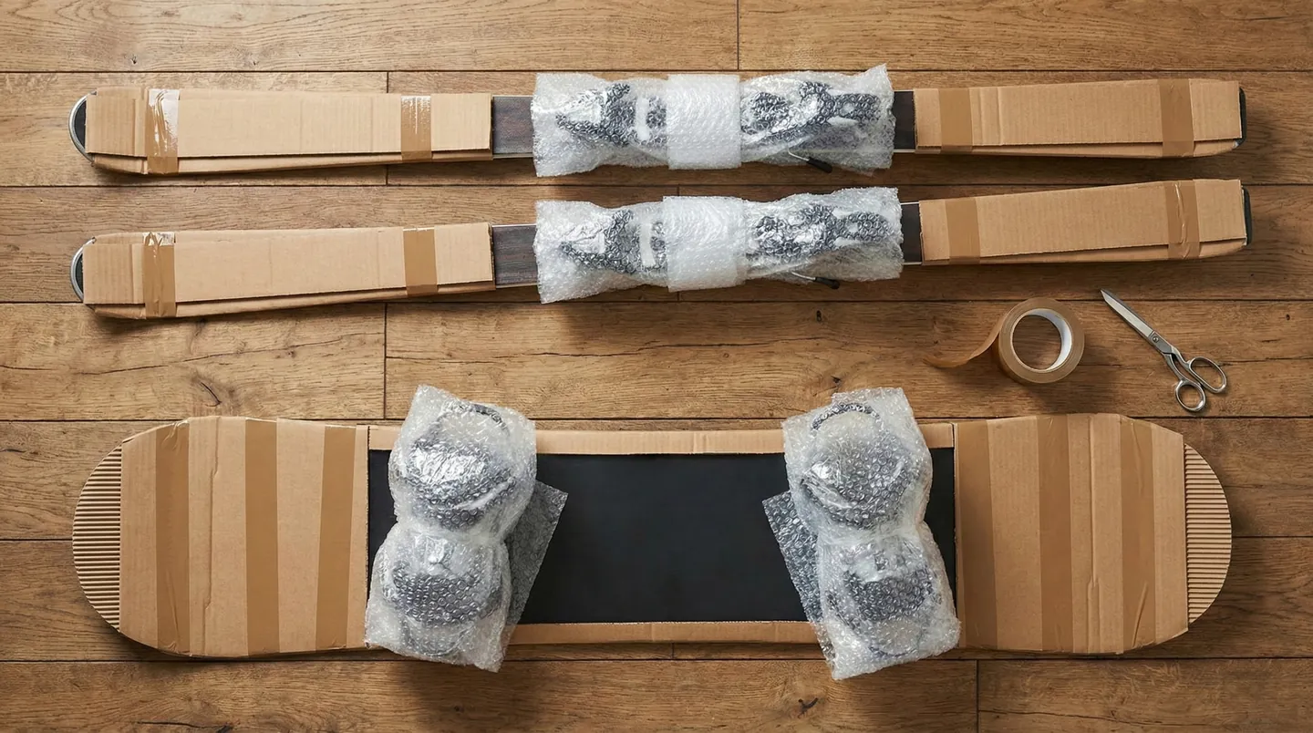 Schiuri și snowboard ambalate în carton ondulat și folie, cu protecții speciale la vârfuri, gata de expediere