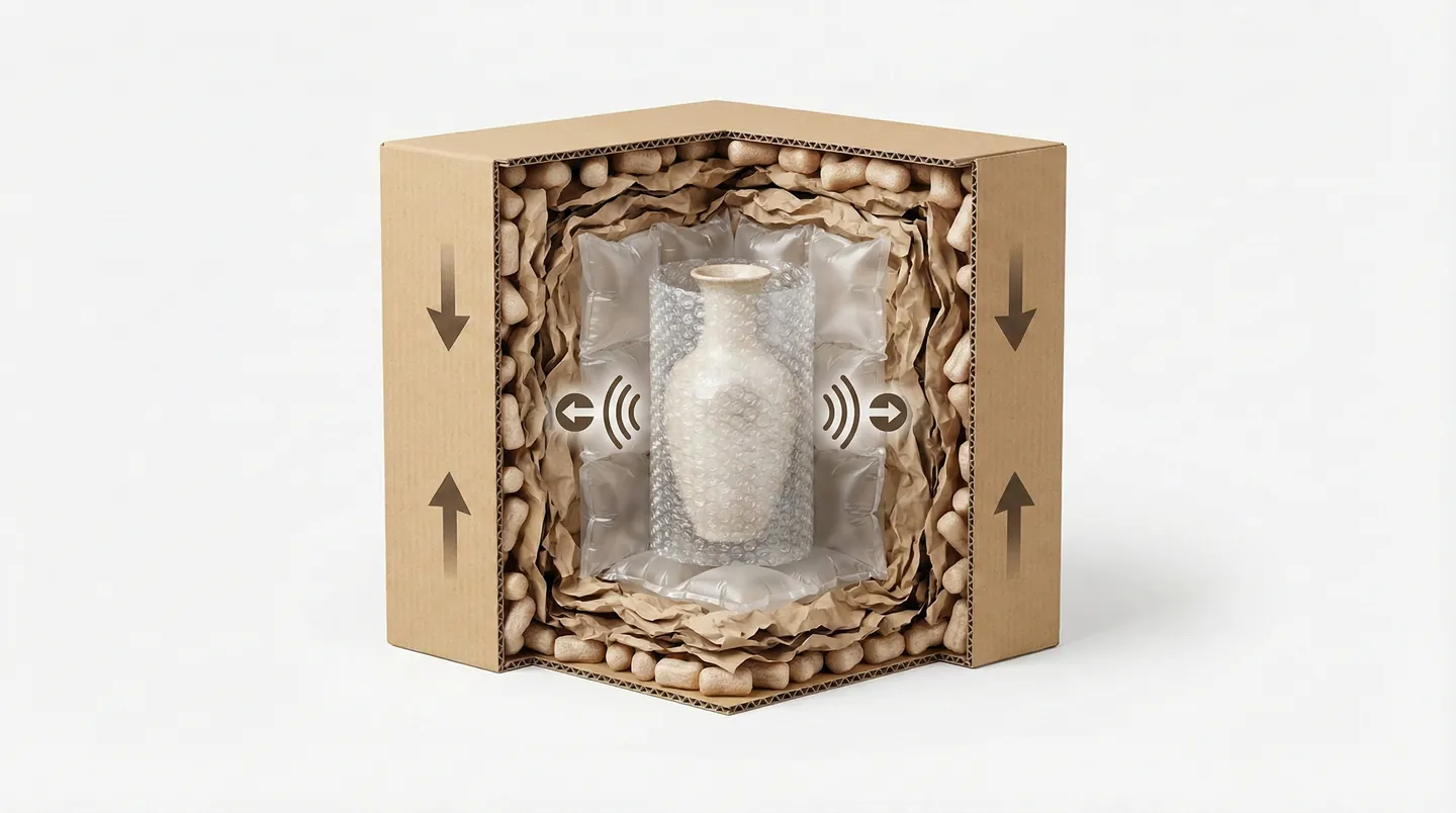 Secțiune 3D printr-un colet ambalat corect, arătând straturile de protecție și spațiul de amortizare