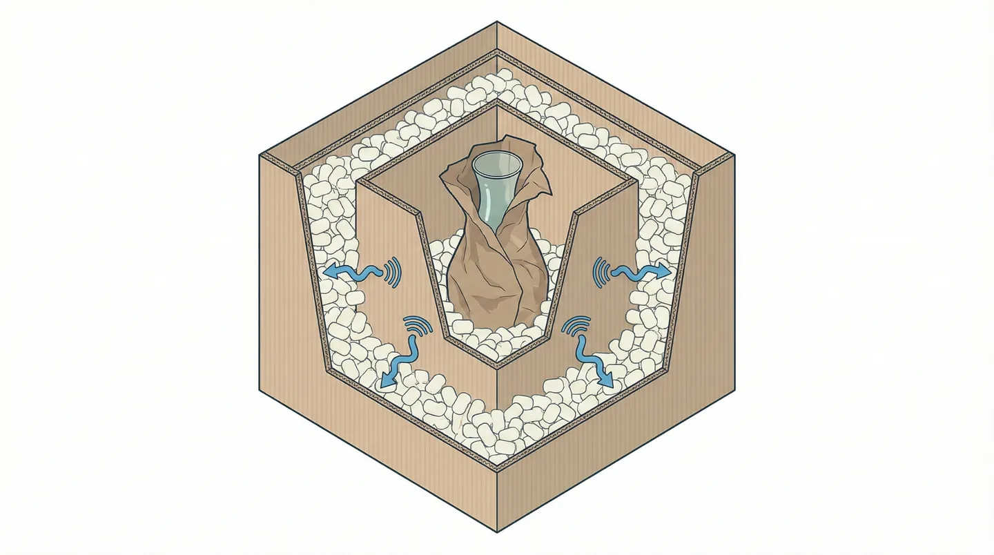 Secțiune transversală ilustrată arătând tehnica 'Double Boxing', cu stratul tampon de protecție între cutia interioară și cea exterioară