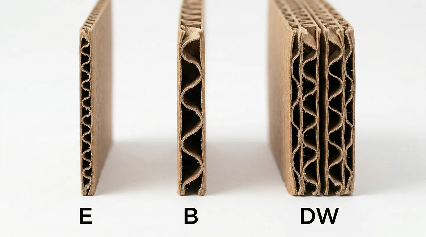 Secțiune transversală prin diferite tipuri de carton ondulat, arătând profilurile E-flute, B-flute și perete dublu pentru comparația rezistenței logistice ECT