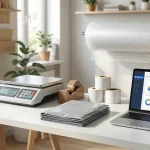 Stație de ambalare acasă organizată impecabil, role de etichete, cutii stivuite, laptop deschis pe dashboard-ul Vinted, lumină naturală