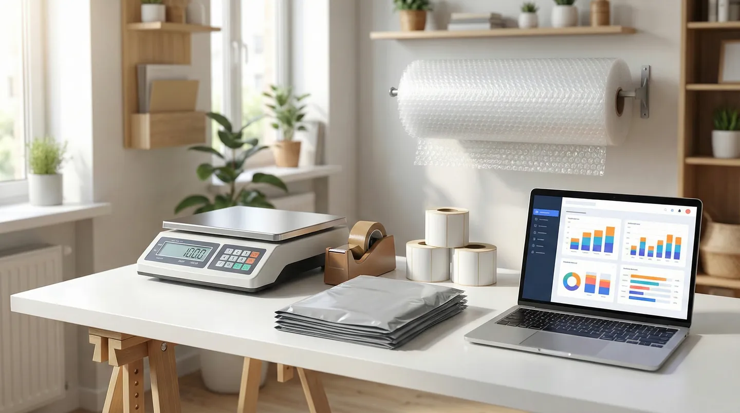 Stație de ambalare acasă organizată impecabil, role de etichete, cutii stivuite, laptop deschis pe dashboard-ul Vinted, lumină naturală