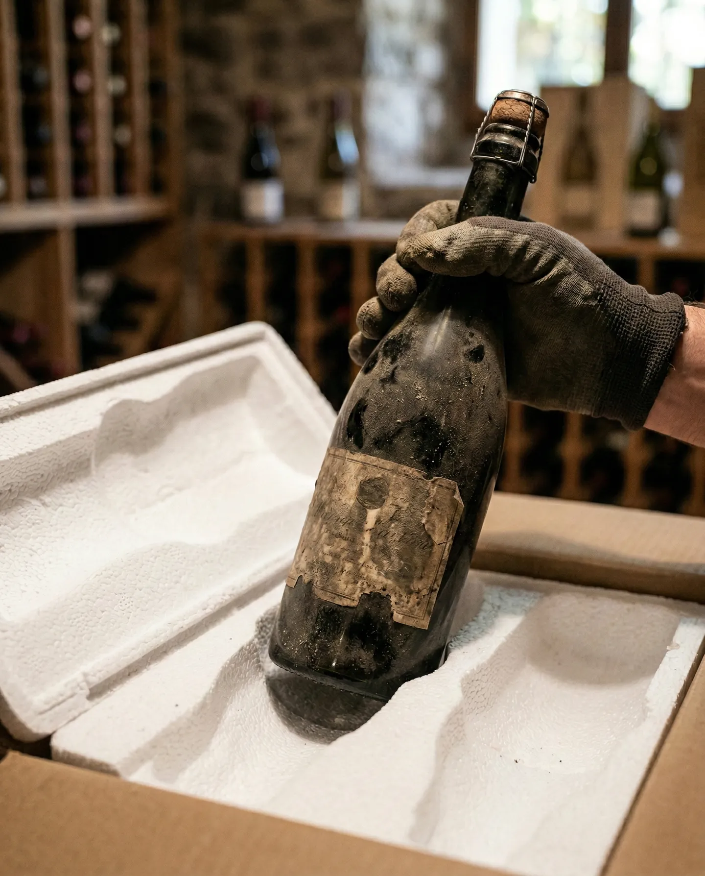 Sticlă de vin vintage fiind introdusă într-un ambalaj special din polistiren expandat (EPS), protecție termică și mecanică