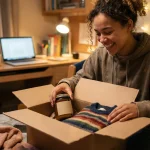 Student fericit deschizând pachetul primit de la părinți în camera de cămin, atmosferă caldă