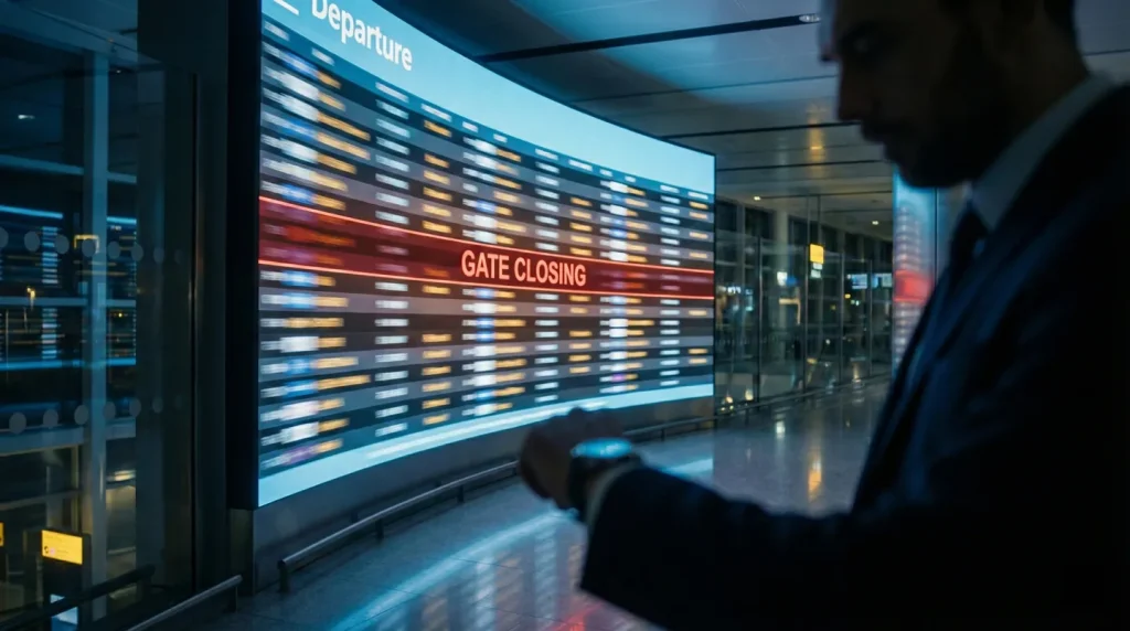 Tabela de plecări dintr-un aeroport modern indicând urgența, simbolizând presiunea timpului în logistica critică