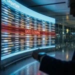 Tabela de plecări dintr-un aeroport modern indicând urgența, simbolizând presiunea timpului în logistica critică