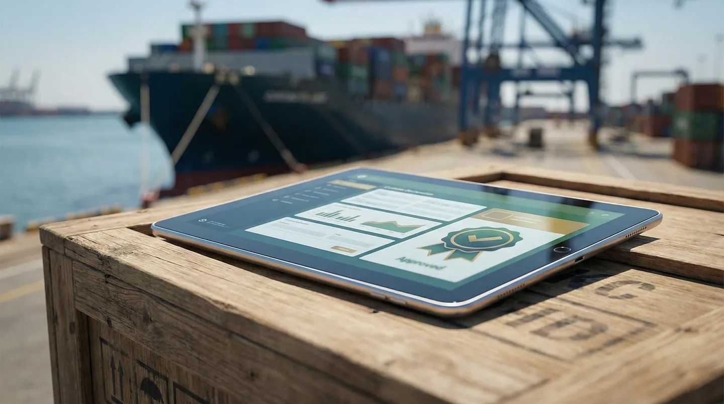 Tabletă afișând o declarație vamală digitală, simbolizând simplificarea proceselor administrative