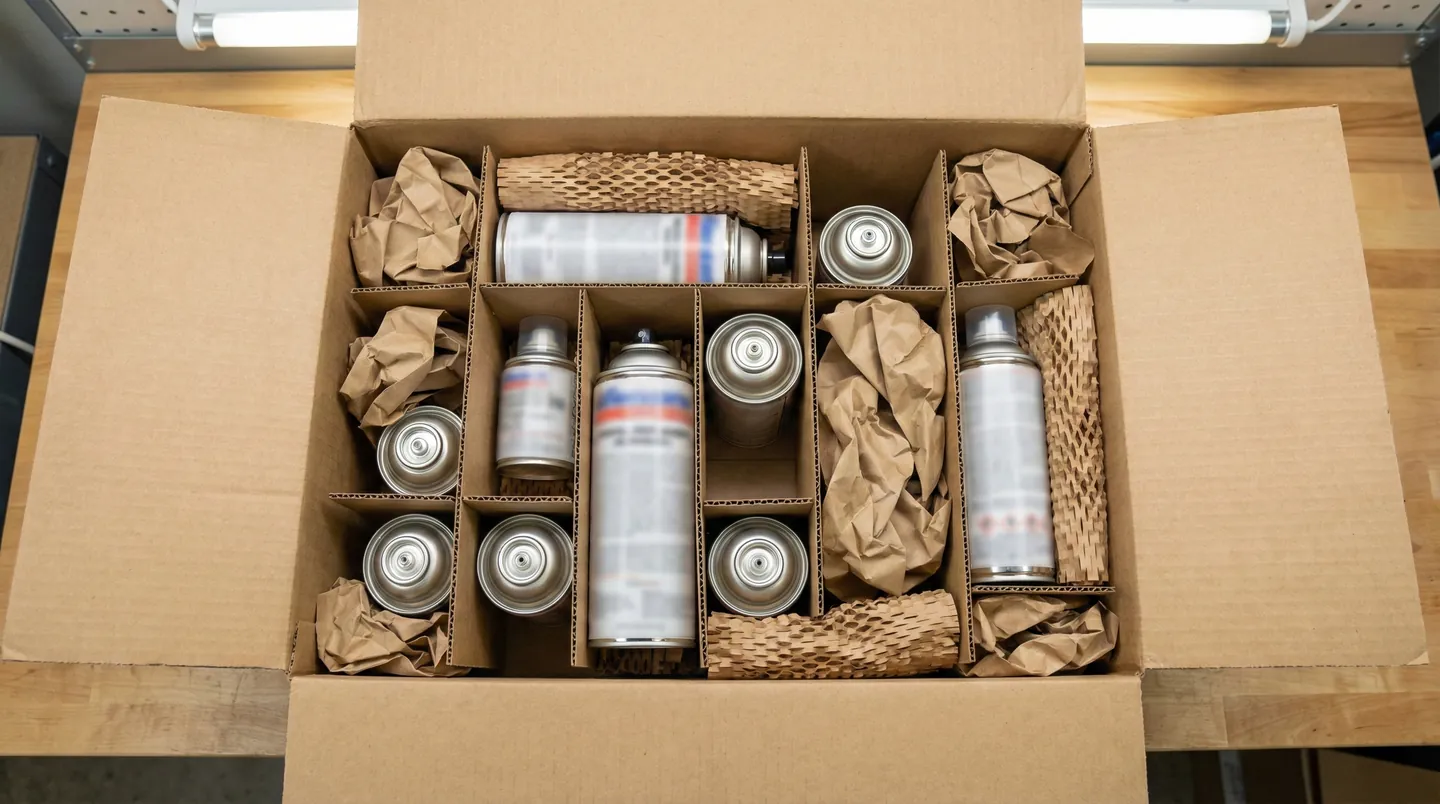 Tehnică corectă de ambalare a aerosolilor folosind separatoare și material de protecție pentru transport ADR