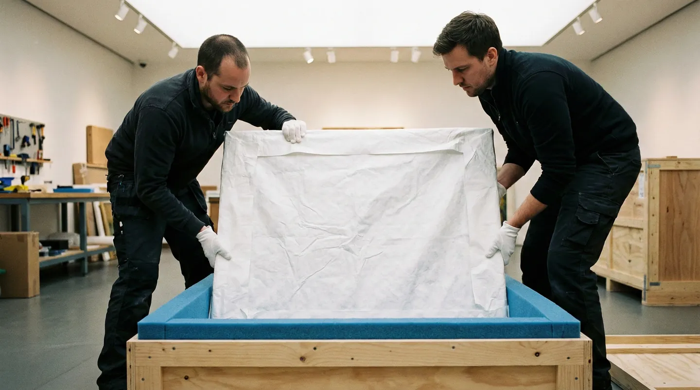 Tehnicieni 'White Glove' așezând cu grijă un tablou ambalat în Tyvek într-o ladă de lemn personalizată, căptușită cu spumă Ethafoam