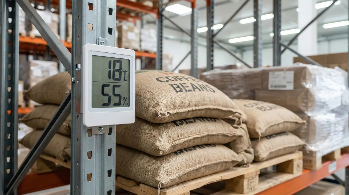 Termometru și higrometru digital într-un depozit de cafea, indicând temperatura și umiditatea optimă