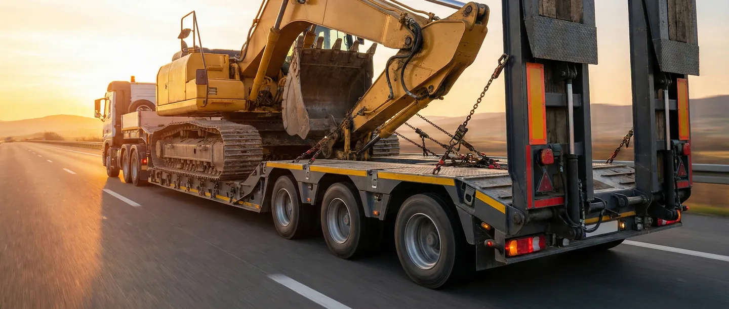 Trailer Lowbed cu gardă la sol redusă transportând un excavator agabaritic