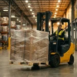 Stivuitor industrial ridicând un palet de marfă înfoliat într-un depozit logistic, serviciu transport paleți internațional