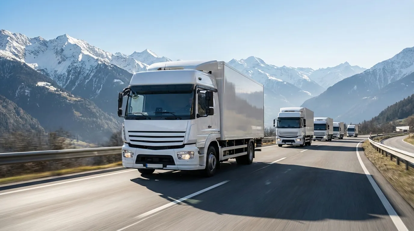 Camioane de livrare pe autostradă în Europa reprezentând serviciul Standard Europa pentru expediere colete rutier la prețuri competitive