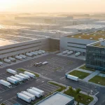 Vedere aeriană a unei fabrici auto moderne cu camioane de logistică la rampele de încărcare