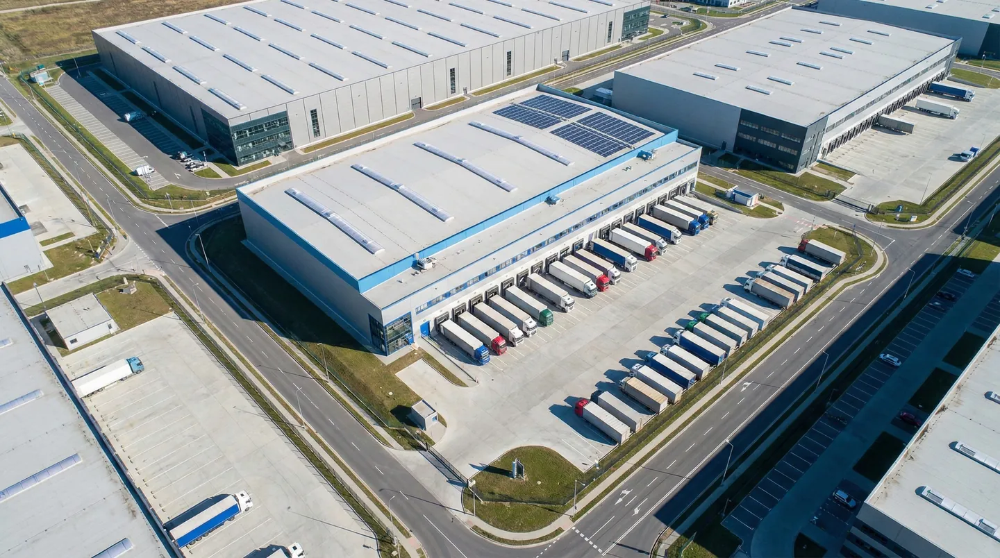 Vedere aeriană a unui parc logistic modern, reprezentând diversele tipuri de antrepozite vamale