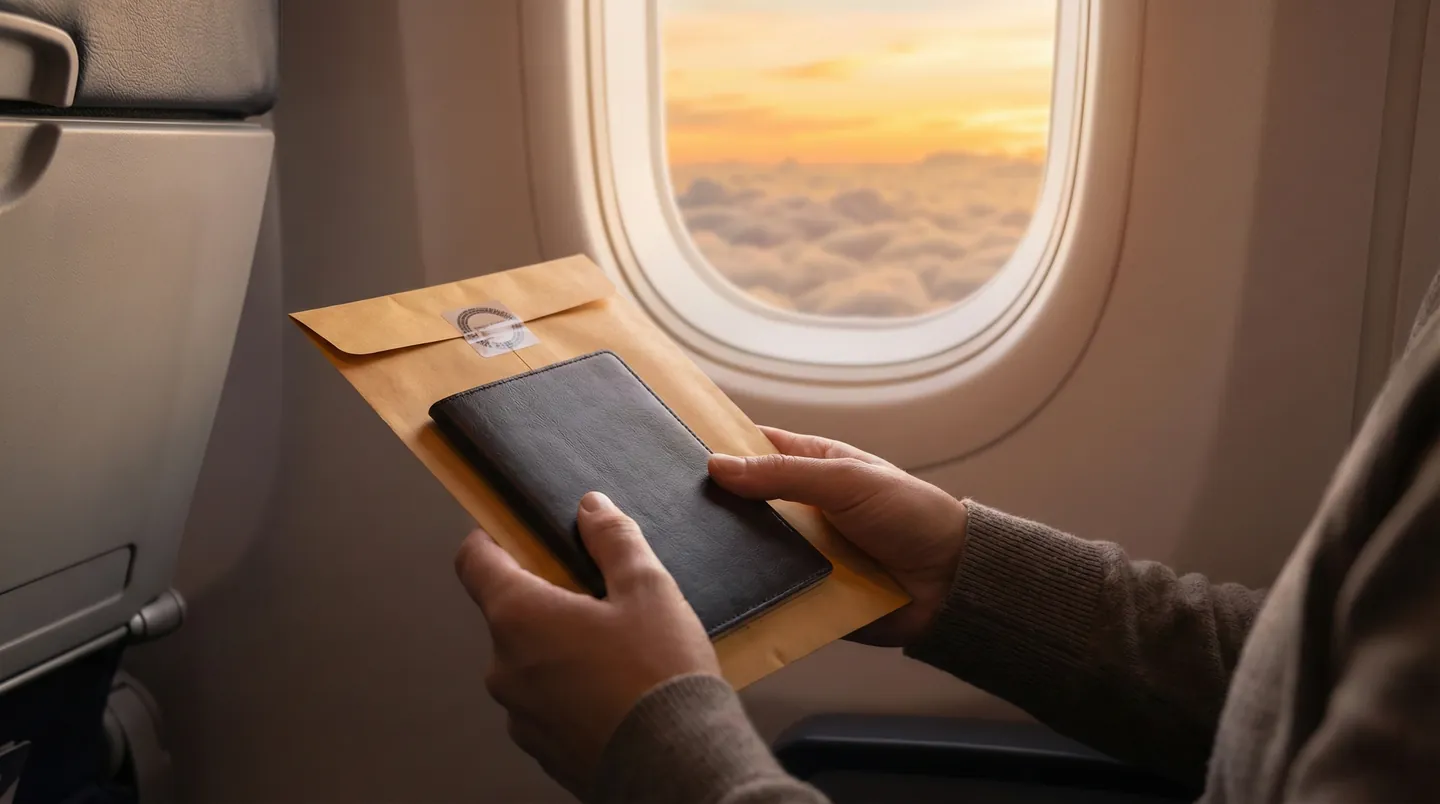 Vedere din avion a unui curier ținând în mână pașaportul și plicul urgent, ilustrând serviciul OBC