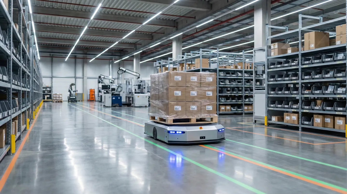 Vehicul automat ghidat într-un depozit modern de logistică integrată 3PL