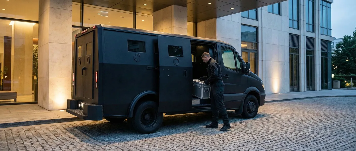 Vehicul de transport valori securizat și curier specializat preluând o expediere importantă