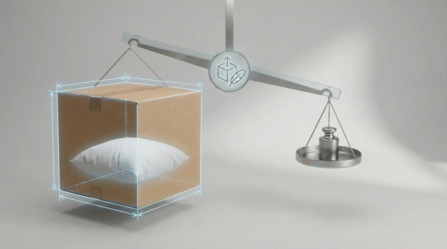 Vizualizare 3D a conceptului de greutate volumetrică, comparând volumul mare cu greutatea mică