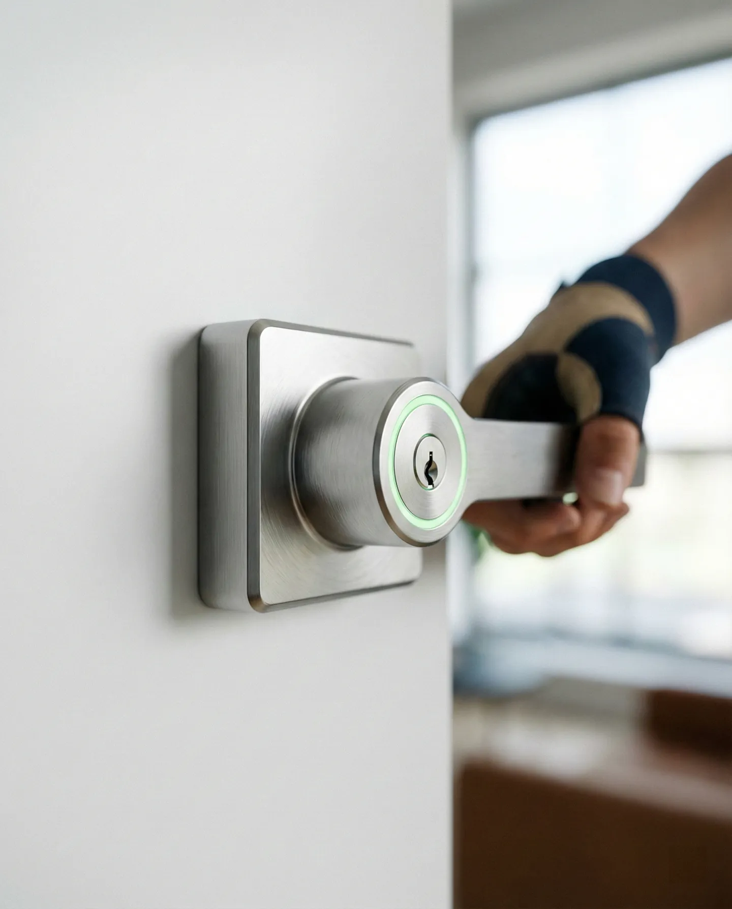 Yală inteligentă (Smart Lock) în proces de deblocare automată, cu inel luminos verde, permițând accesul controlat