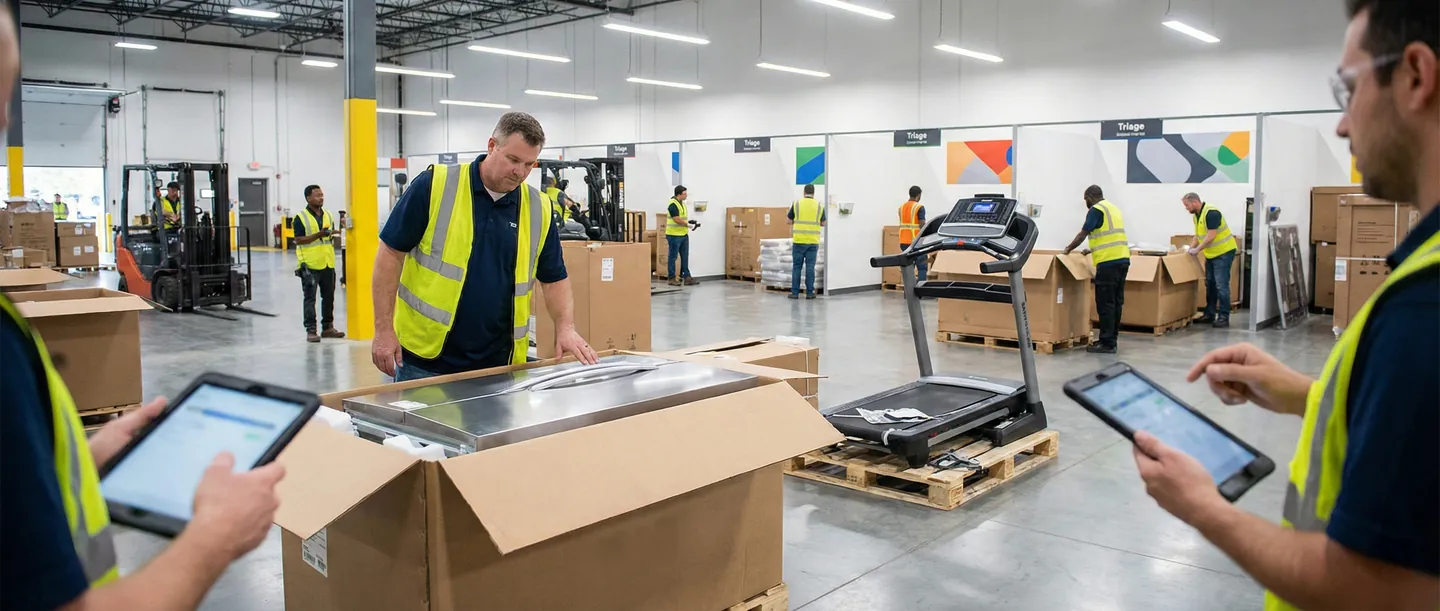 Zona de procesare retururi pentru obiecte voluminoase intr-un centru logistic modern