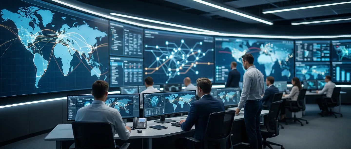 Control Tower pentru Optimizarea Fluxurilor Logistice Centru de comandă modern tip Turn de Control logistic, profesioniști analizând date de transport pe ecrane mari digitale