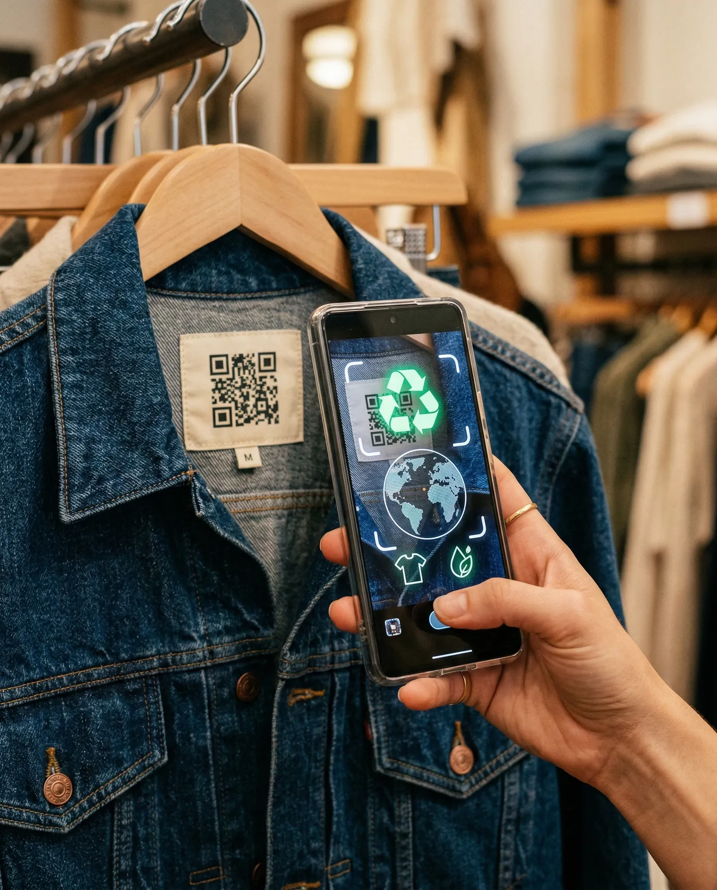 Consumator scanând un cod QR de pe o etichetă de haine cu smartphone-ul, interfață digitală holografică afișând originea materialelor și scorul de sustenabilitate