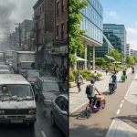 Contrast vizual între traficul congestionat cu dube poluante și un oraș viitor cu logistică verde, biciclete cargo și aer curat