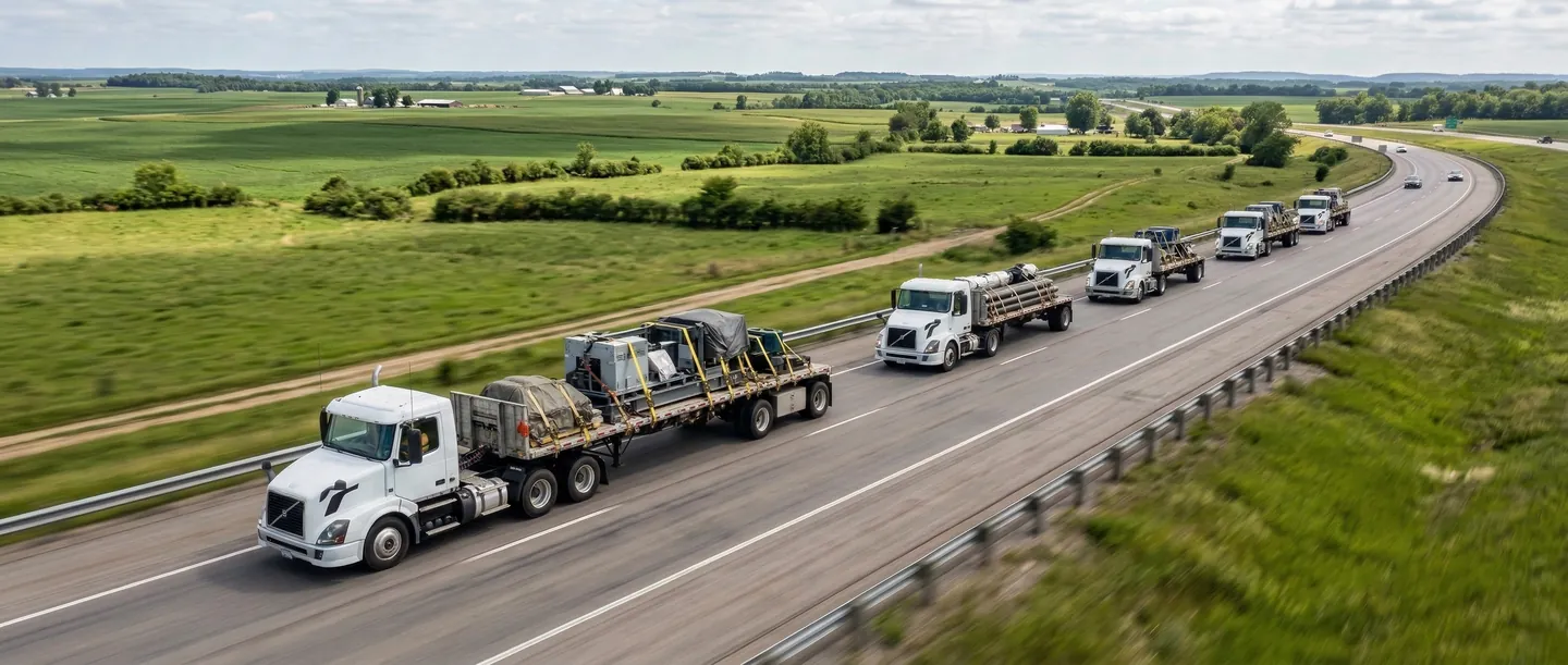 Convoi Logistic Industrial Convoi de camioane platformă transportând componente de fabrică pe autostradă, filmare din dronă, coordonare logistică la scară largă