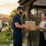 Curier livrând un pachet de e-commerce unui client dintr-un sat românesc, aducând cumpărăturile online la poartă