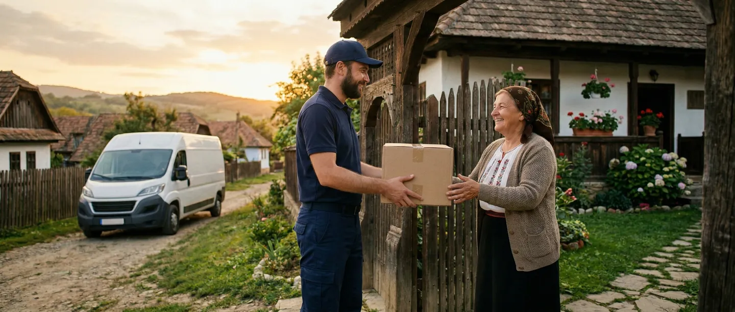 Livrare E-commerce în Sat Românesc Curier livrând un pachet de e-commerce unui client dintr-un sat românesc, aducând cumpărăturile online la poartă